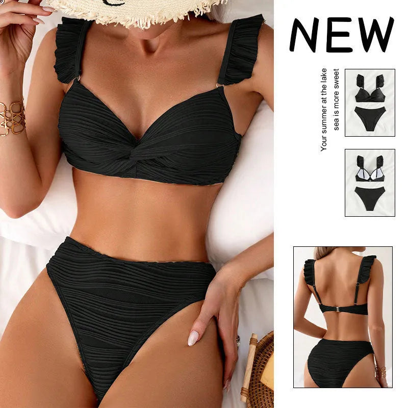 Women's solid colour polyester bikini swimsuit in black or khaki options with two-piece design
