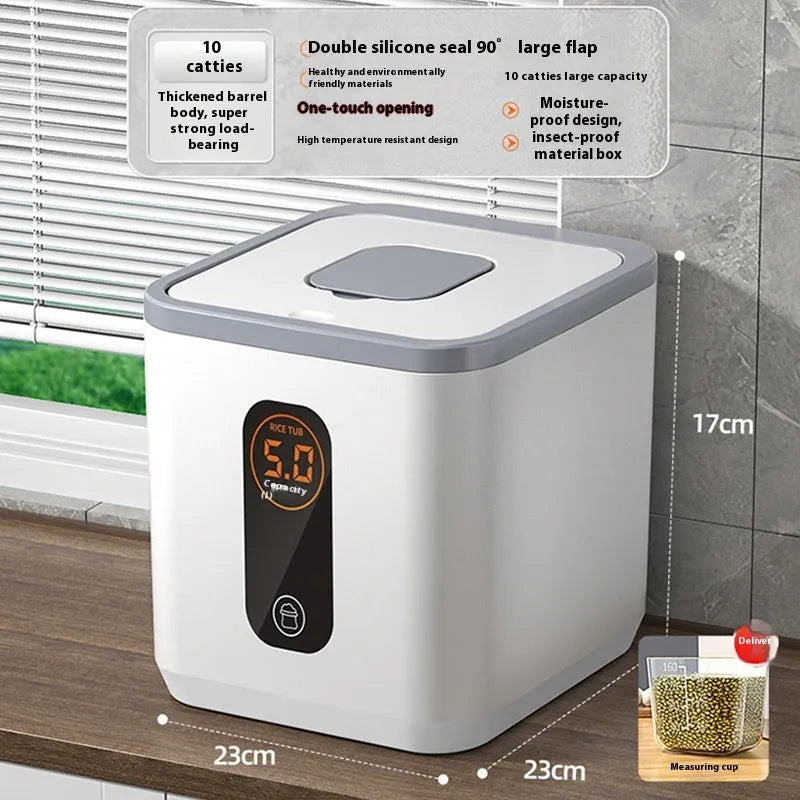 Grey plastic sealed rice storage container with measuring cup in three capacity sizes for kitchen use