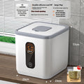 Grey plastic sealed rice storage container with measuring cup in three capacity sizes for kitchen use