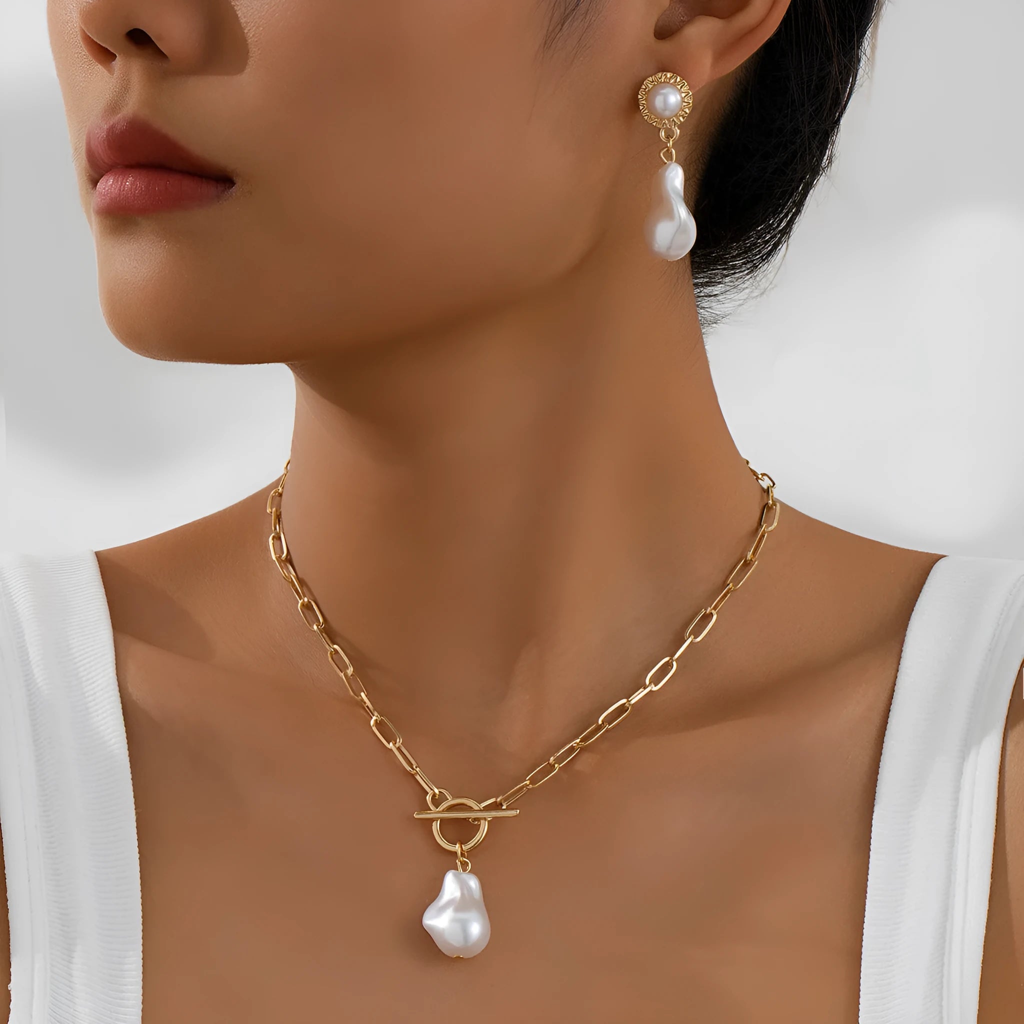 Gold tone baroque pearl necklace and matching ear stud jewellery set for women