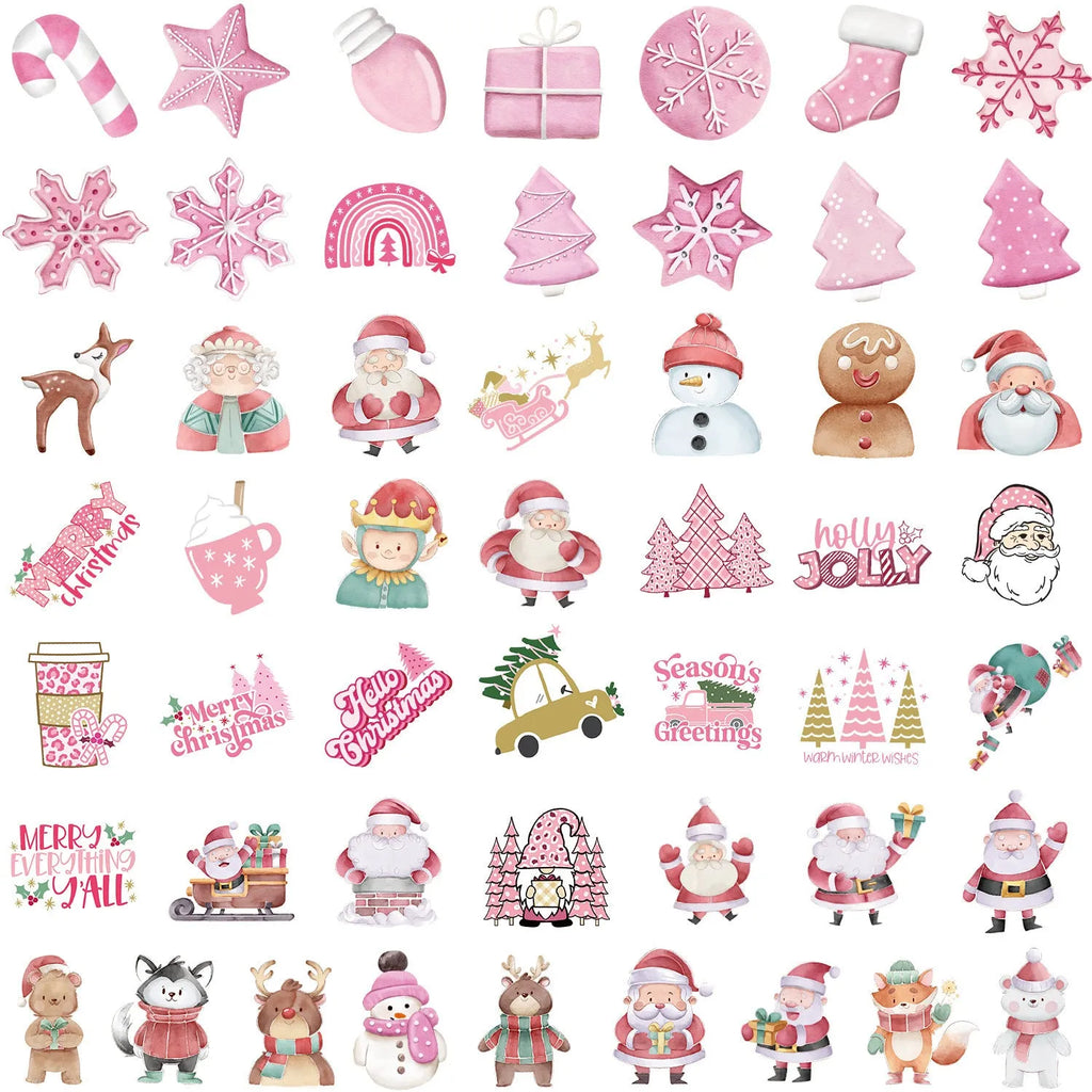 50-piece set of cute Christmas themed waterproof stickers in various sizes from 4cm to 8cm