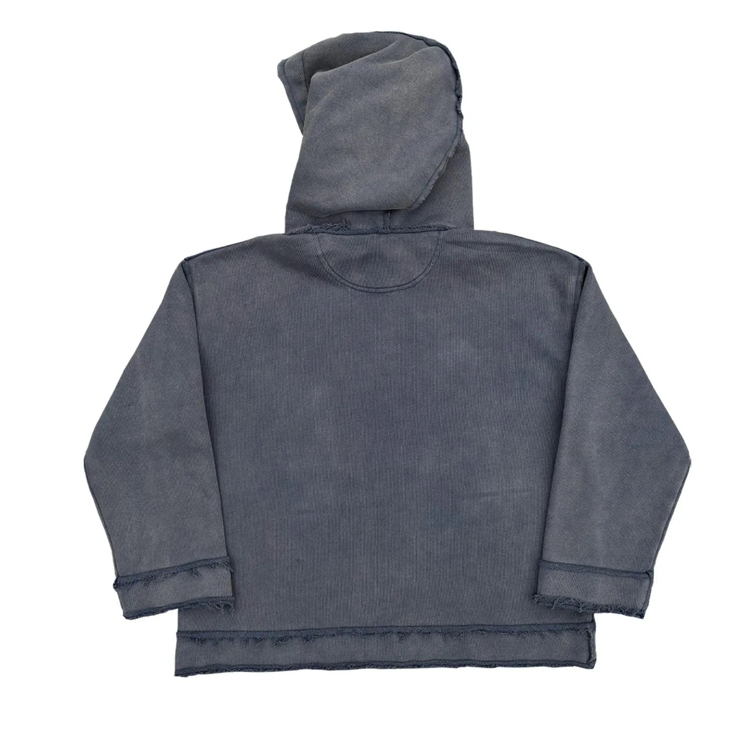 Dark blue hooded sweatshirt with a graphic design on the back, shown in a casual setting.