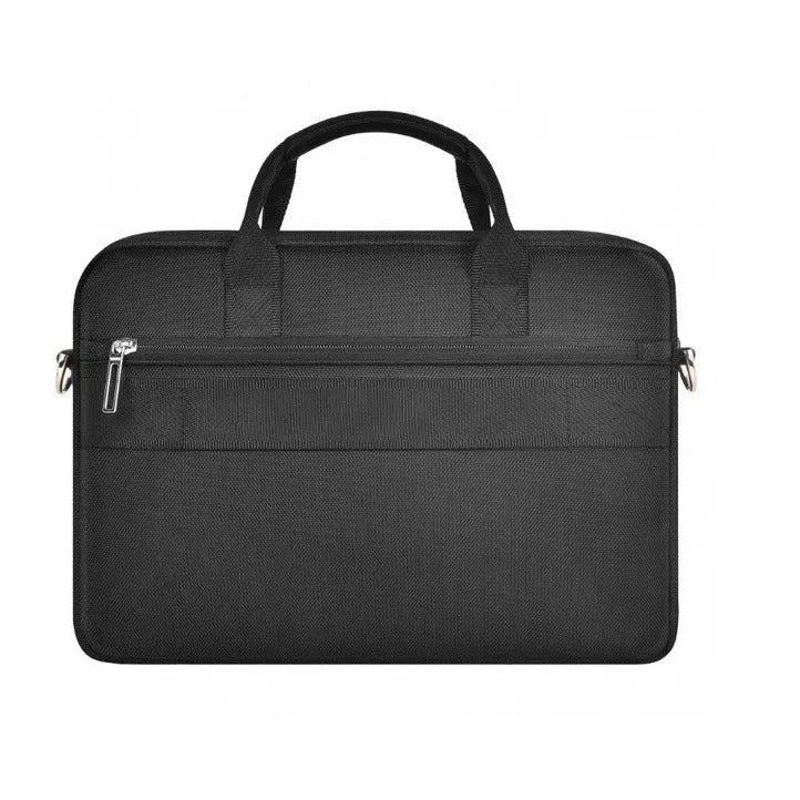 Black Oxford cloth laptop backpack with multiple organisational pockets and lock feature