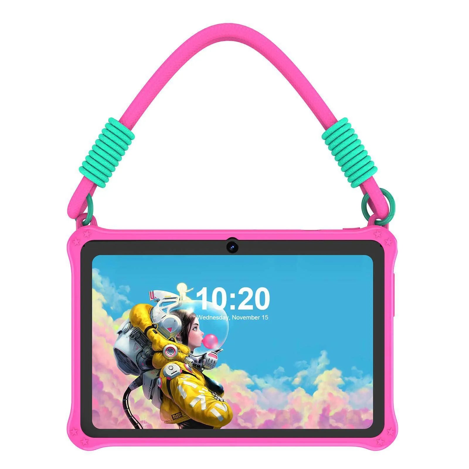 Sapphire blue silicone protective case for a 7-inch children's tablet, showing the flat strap handle.