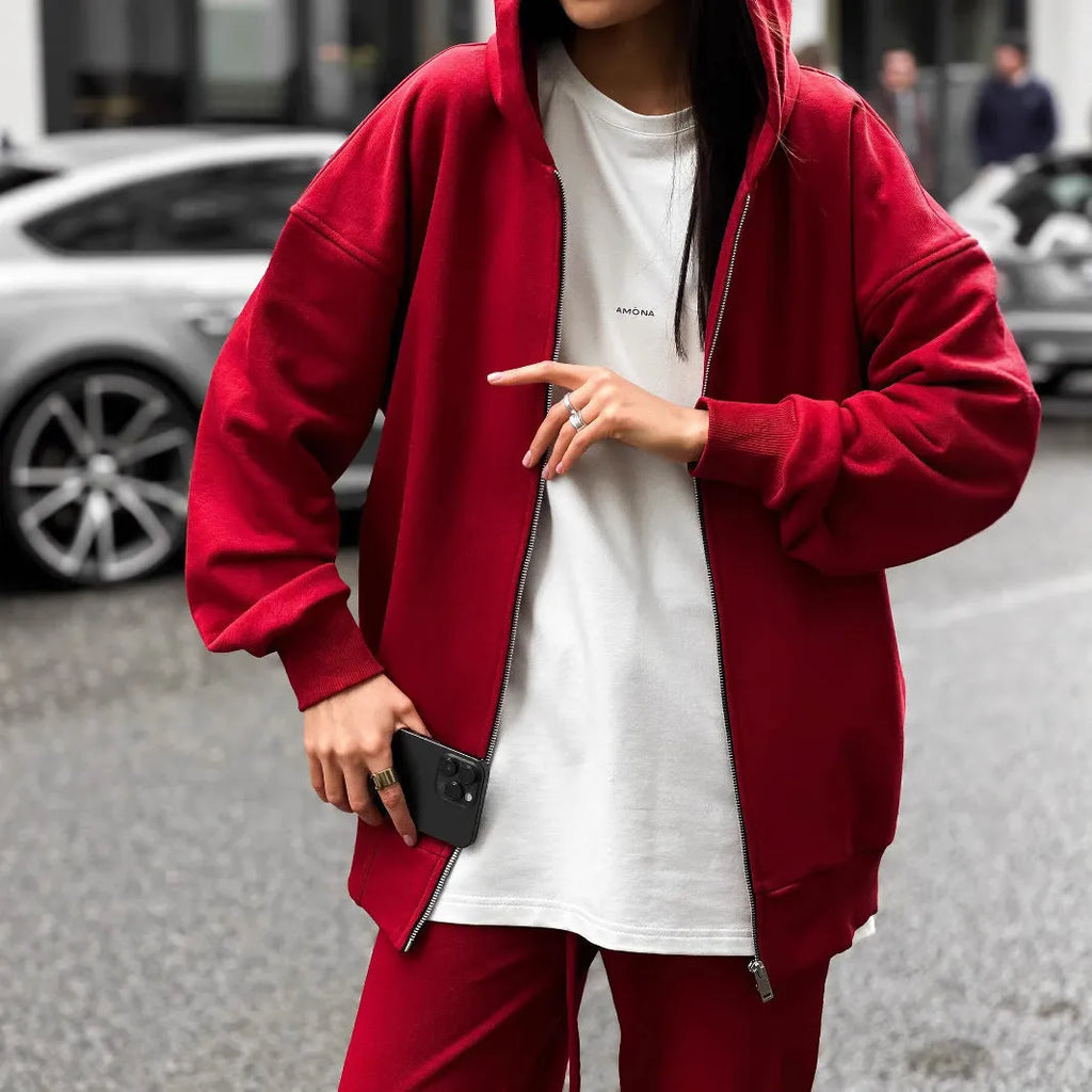 Red loose fit women's long-sleeve coat and trousers two-piece street style set.
