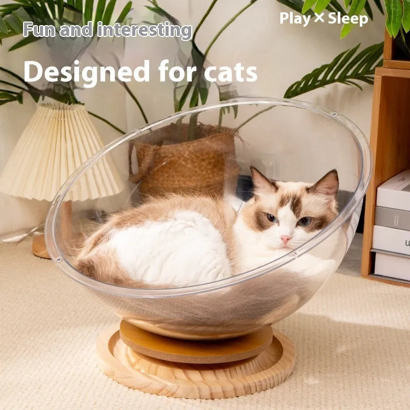 Transparent acrylic cat space capsule bathtub bed with turntable base in multiple size options