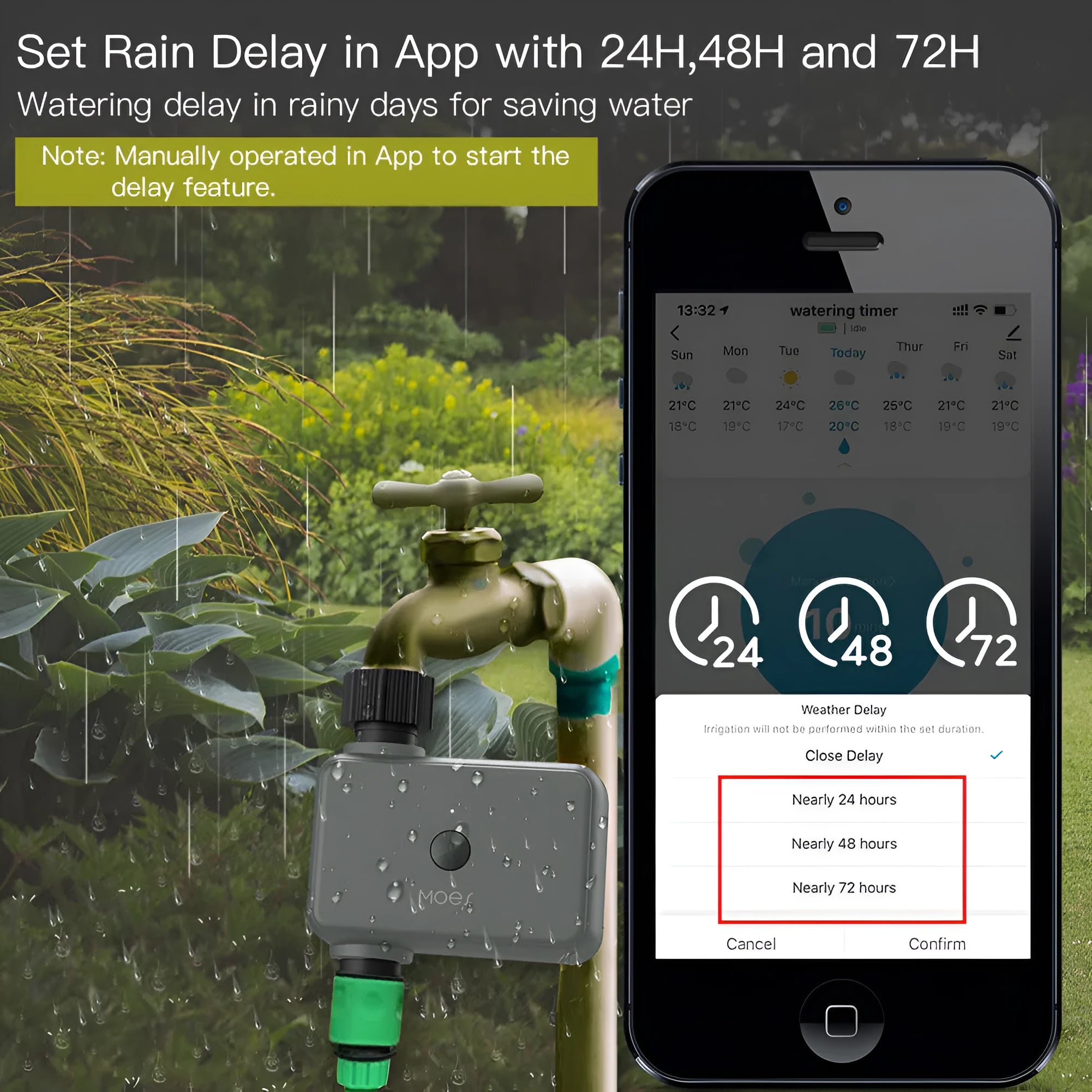 Bluetooth smart garden irrigation timer attached to an outdoor tap with a hose connector.
