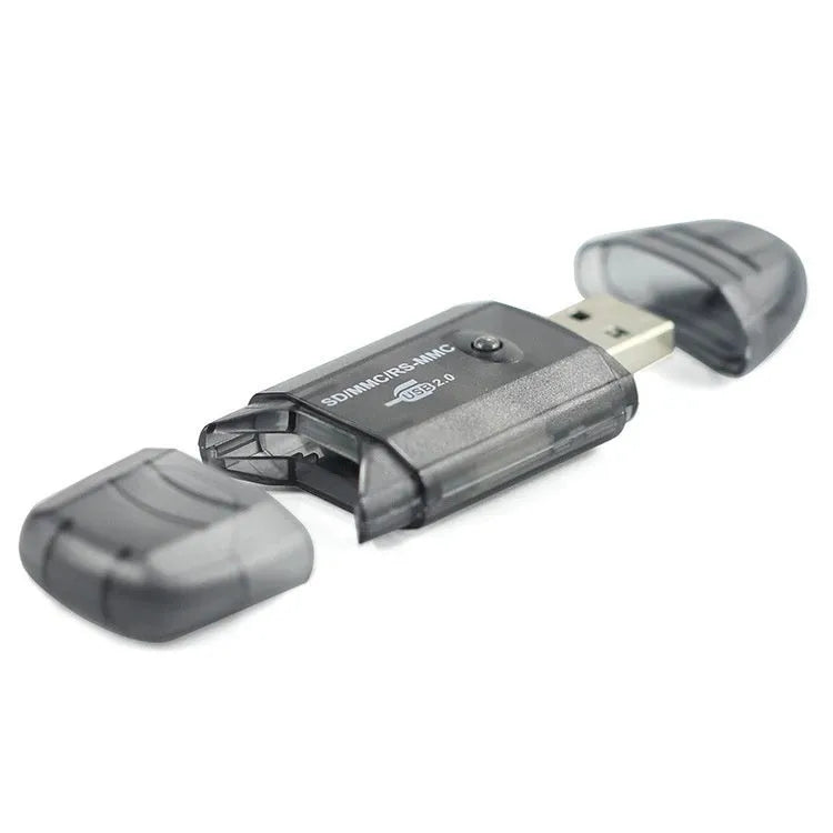 Transparent USB card reader with LED light showing SD and MS card slots