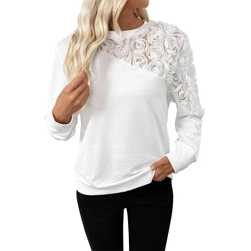 White long sleeve women's top with floral pattern, loose European fit pullover blouse