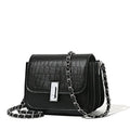 Women's black PU leather chain shoulder bag showing internal phone compartment and sewing thread detailing