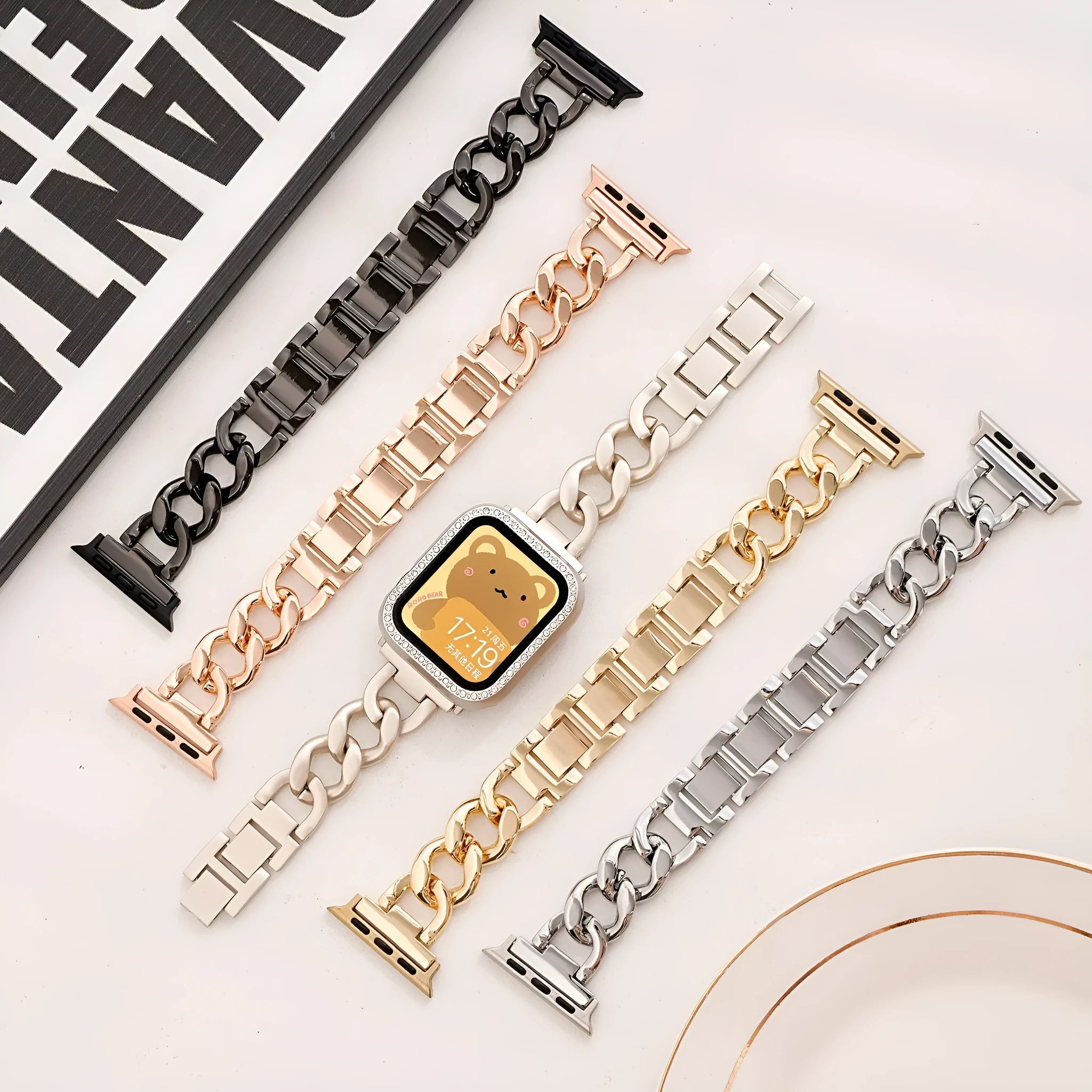 Denim chain pattern metal watch strap for Apple Watch in silver, shown with 22mm lugs.