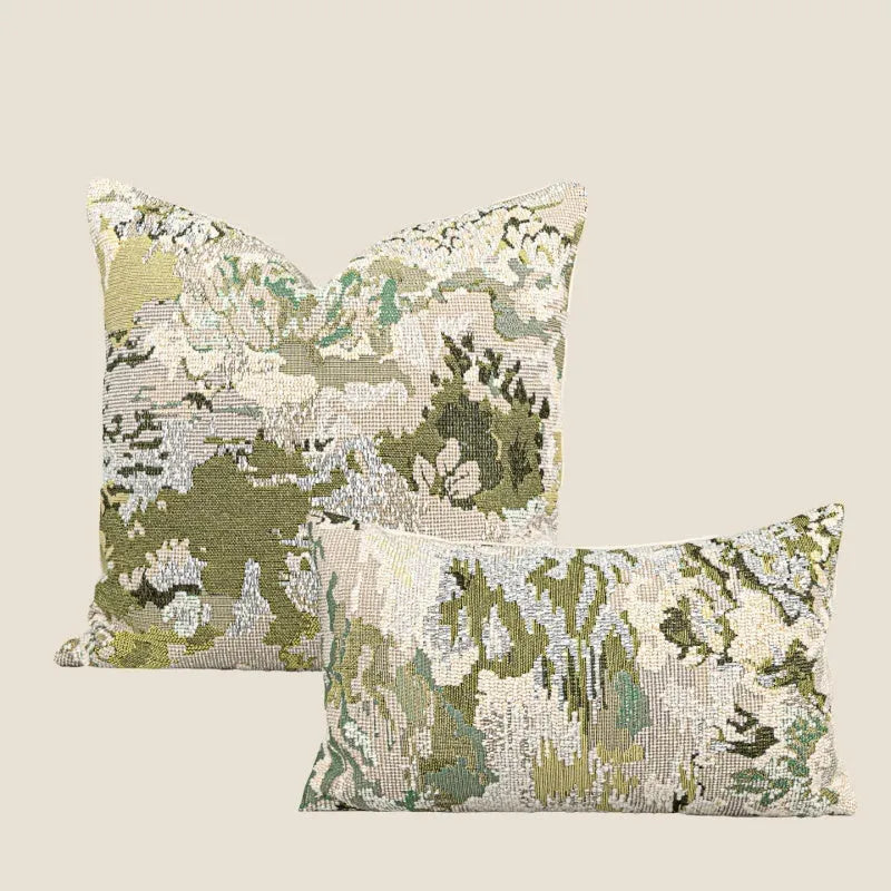 Green abstract floral pattern on a square wool blend decorative cushion pillow.