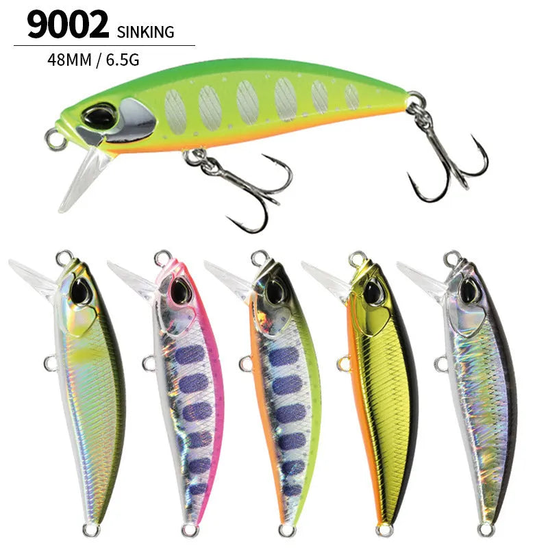 48mm long 6.5g hard fishing lure for mino techniques, shown in one of fourteen available colours.