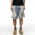 Men's light blue denim shorts with baggy wide leg cut and retro washed finish