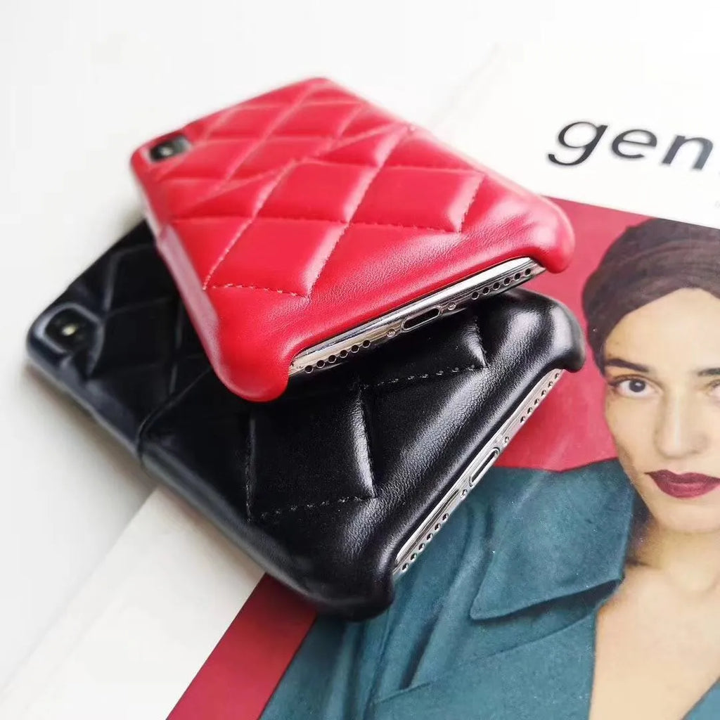 Genuine leather iPhone case in black, pink, or red, compatible with iPhone XS Max, XR, X, 8, and 6 models.