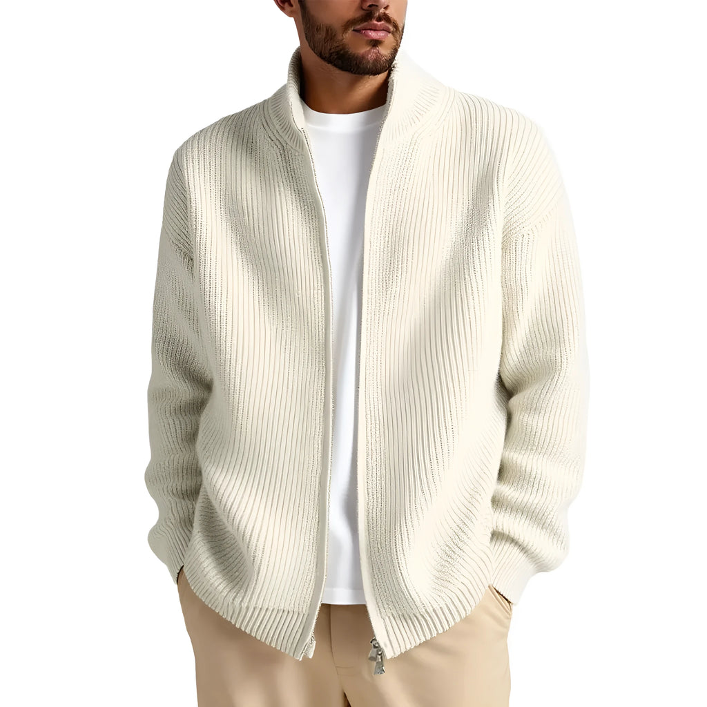 Man wearing a loose-fit beige acrylic blend cardigan sweater for casual leisure wear.