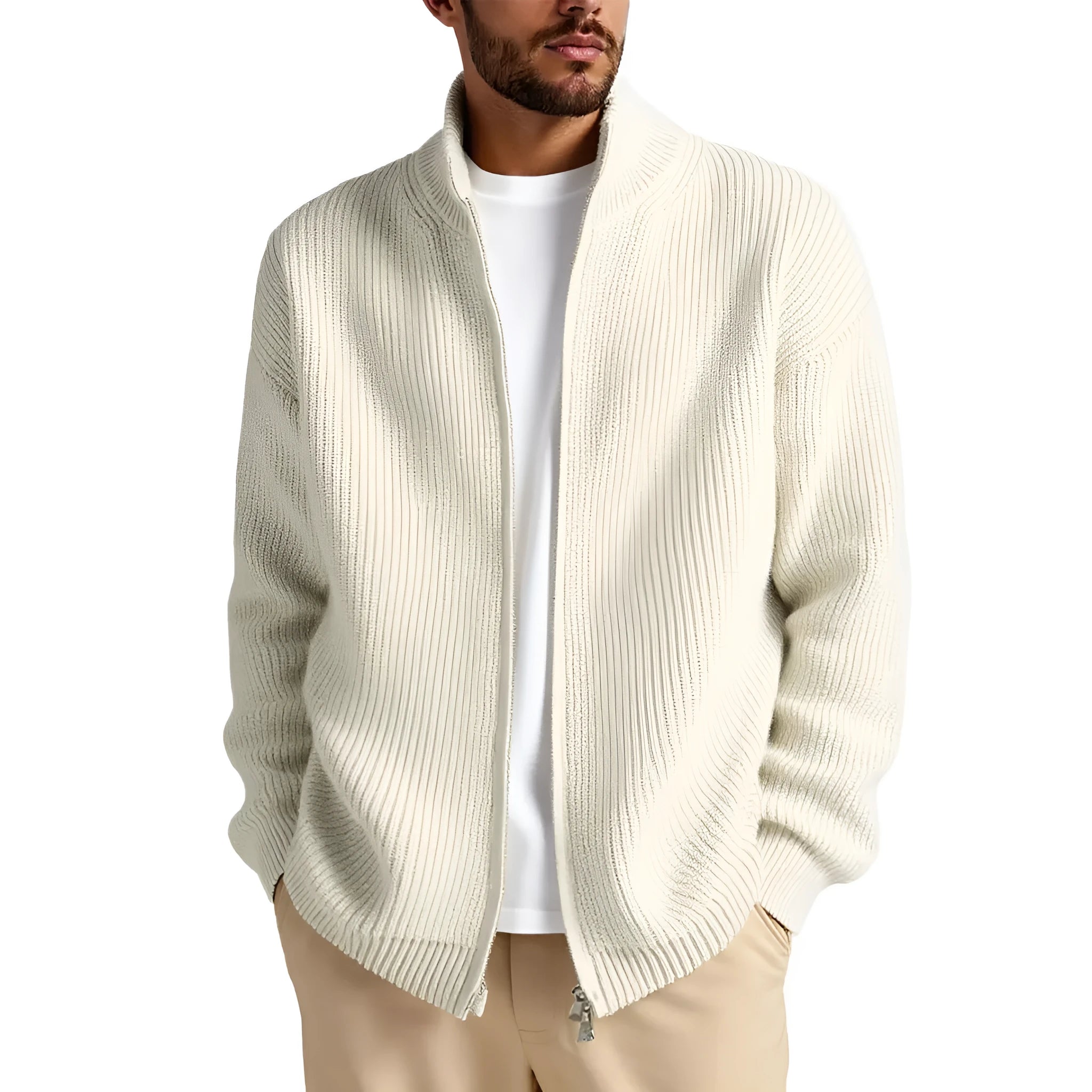 Man wearing a loose-fit beige acrylic blend cardigan sweater for casual leisure wear.