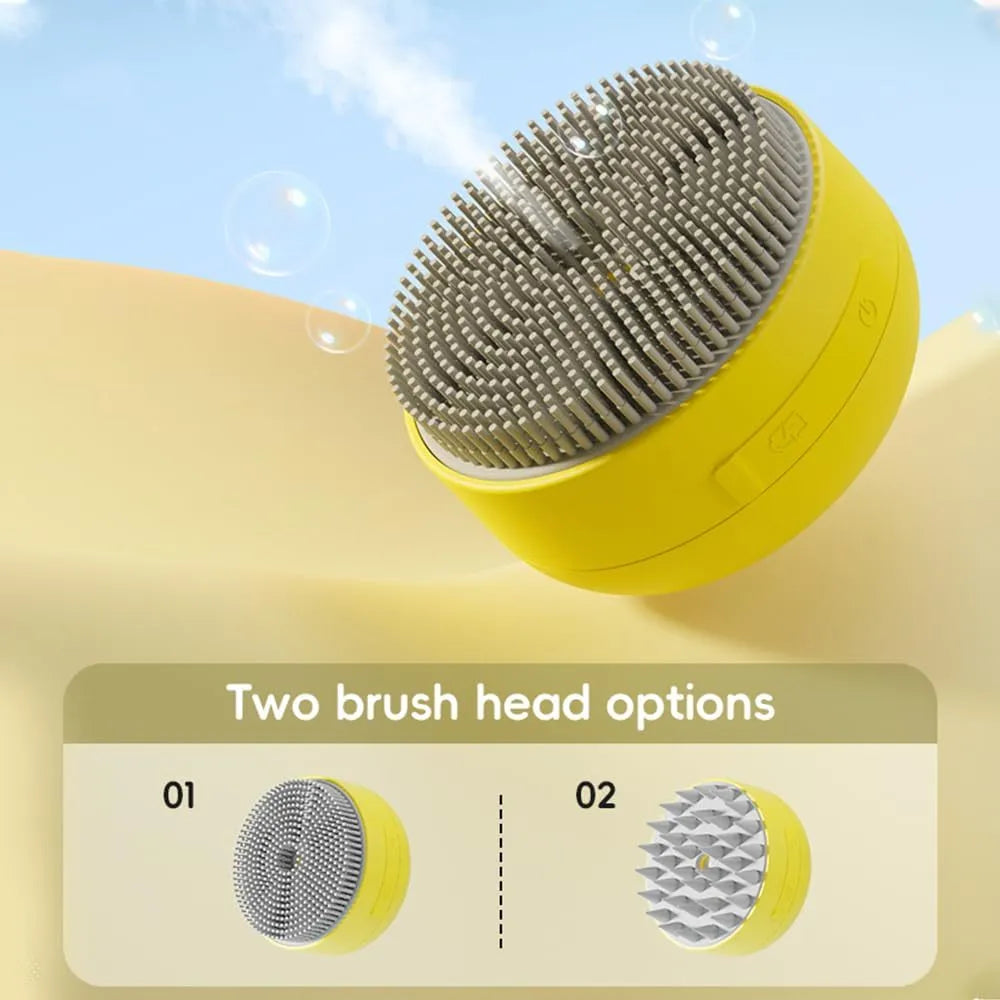 Green rechargeable cat and dog steam brush with soft silicone bristles on an ergonomic handle.