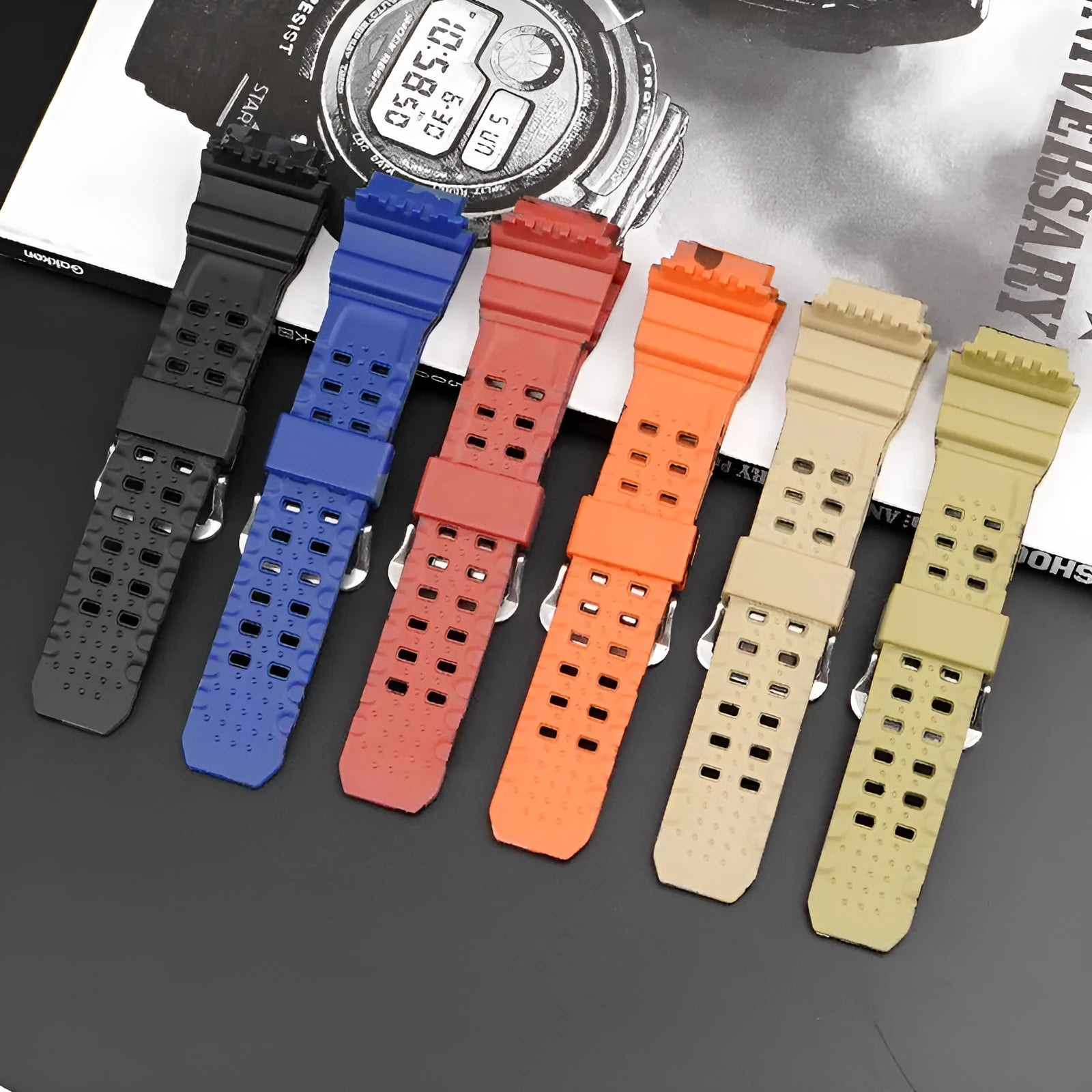 Camouflage pattern TPU rubber watch strap with silver buckle measuring 12+7cm length