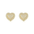 A pair of gold-coloured heart-shaped moissanite stud earrings on a plain background.