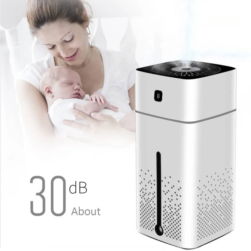 Black and white desktop ultrasonic humidifier with USB cable, 1000ml tank, dimensions 103x103x218mm.