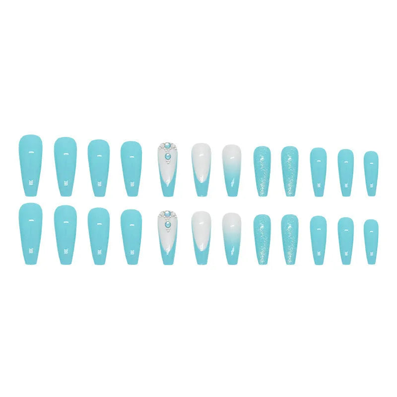 Solid colour long ballet false nails with blue diamond glitter for ladies European style