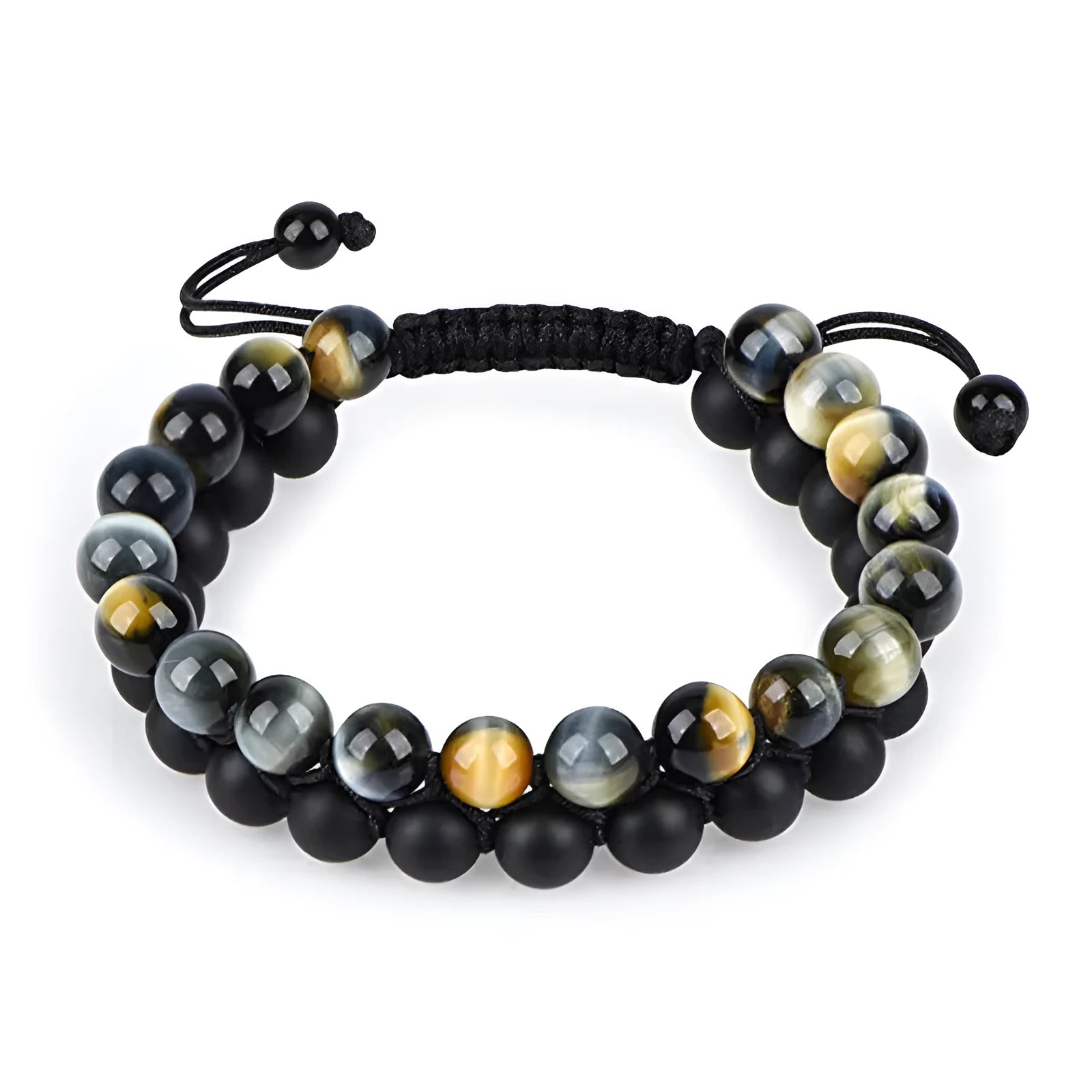 Matte black agate tiger eye bead couple bracelets with geometric design on a neutral background.