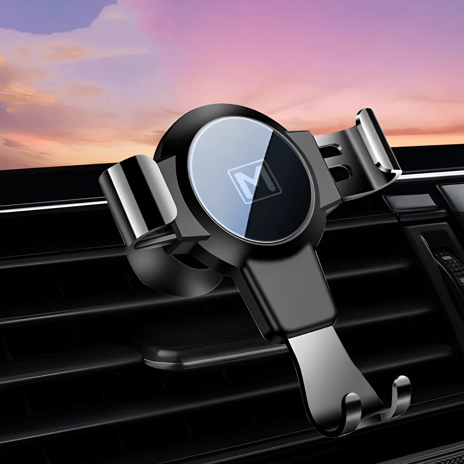 Black S4 ABS gravity mirror mobile phone bracket mounted on a car air conditioning vent.