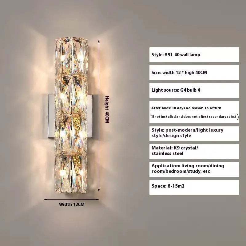 Crystal LED wall lamp with stainless steel frame in chrome finish showing tri-colour lighting