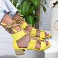 Women's suede sandals with thick middle heel and front strap design in various colours