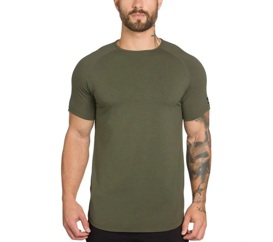 Men's plain fitness sports shirt in cotton spandex blend with optional letter customisation