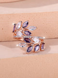 Adjustable copper ring with horse eye zircon leaf design in rose gold sapphire blue colour