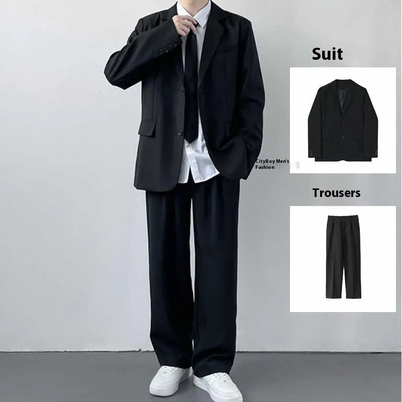 Plus size men's college style suit jacket and trousers with white shirt and tie