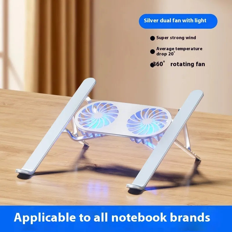Silver aluminium portable laptop cooling stand with twin fans and adjustable height mechanism