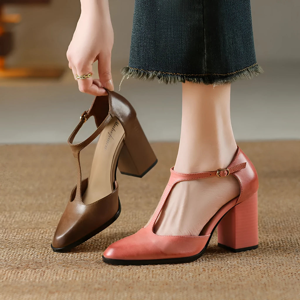 Women's dark brown retro pointed toe Mary Jane shoes with buckle and Baotou hollow design.