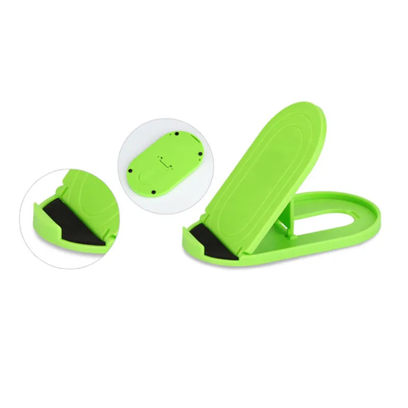 Adjustable plastic mobile phone stand in various colours holding a smartphone