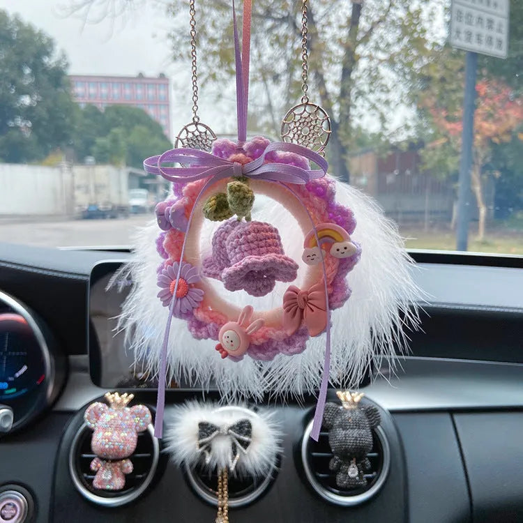 Hand-woven wool bell orchid car pendant in green, pink, purple and yellow colour options