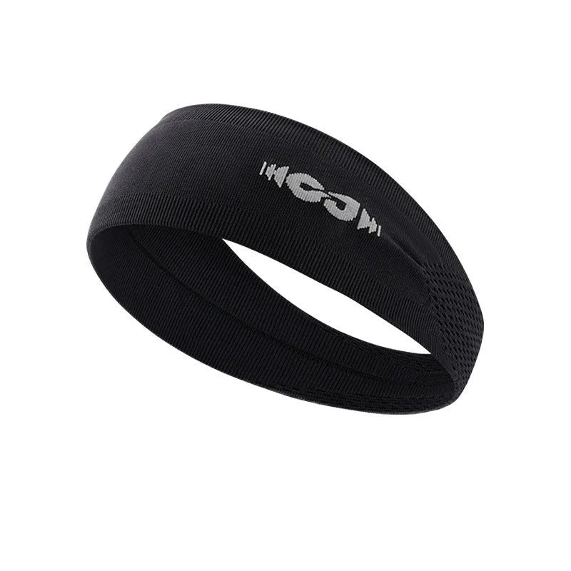 Seamless knitted sports hair band in black, grey, and blue for cycling and running.