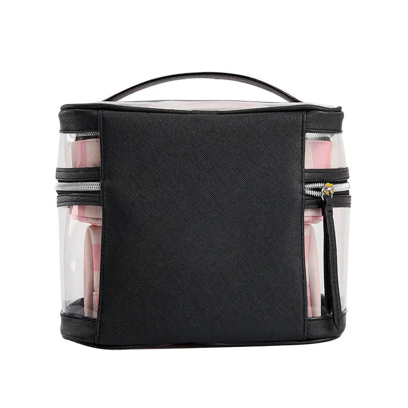 Pink bold stripes floral pattern folding makeup bag kit with synthetic leather waterproof case