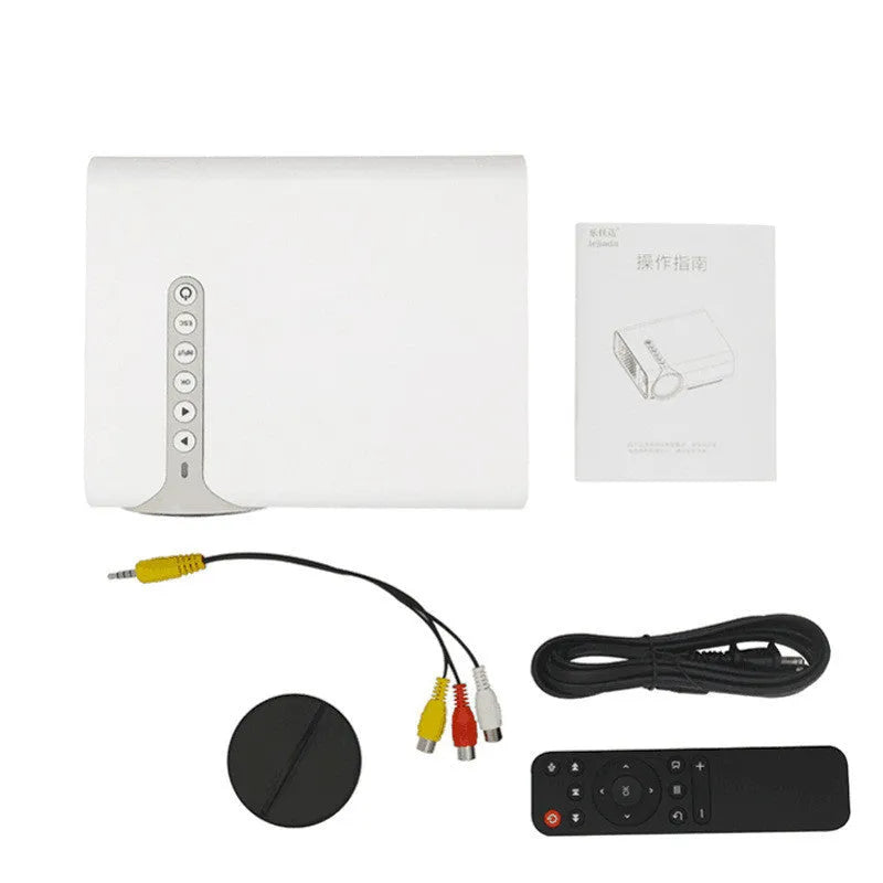 YG530 mini mobile phone projector in black or white showing wireless connection and large projection screen