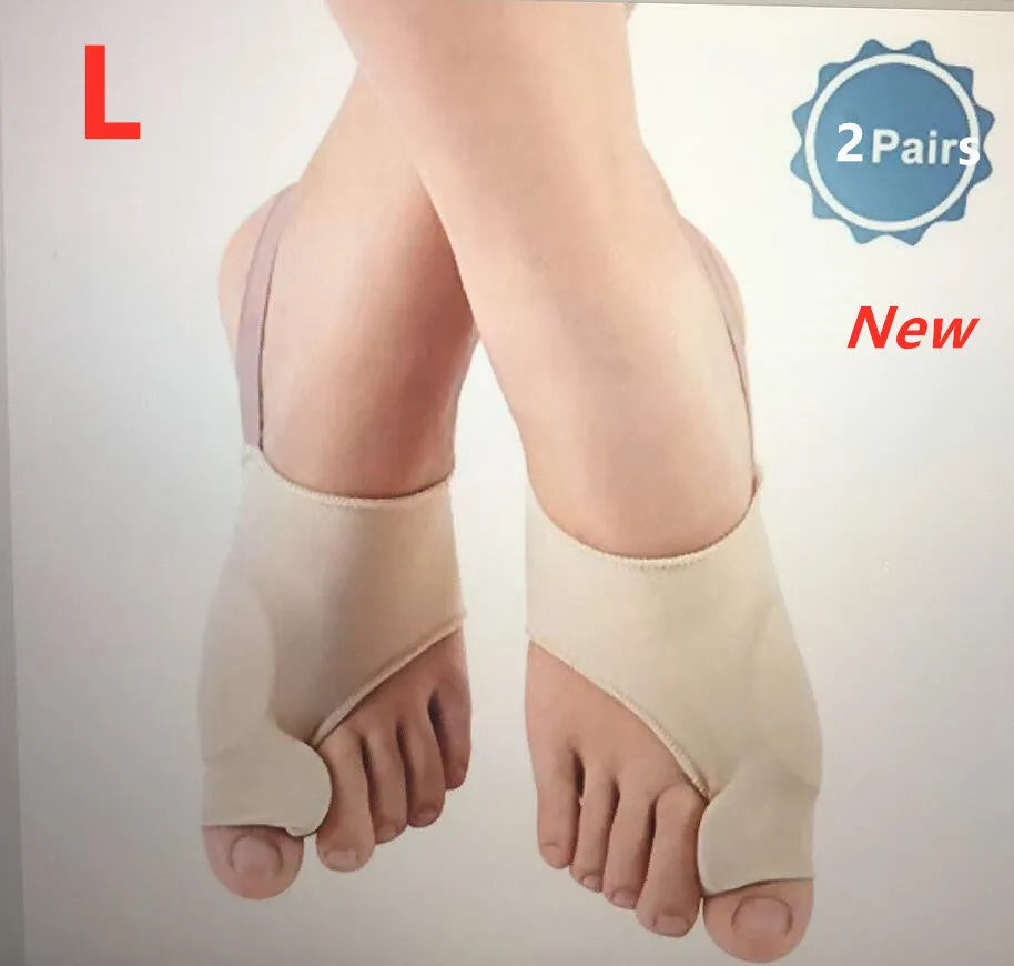 Pair of beige corrective toe socks with a clear silicone gel bunion pad and toe separator.