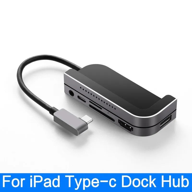 Silver aluminium USB-C docking station for iPad Pro with multiple connectivity ports