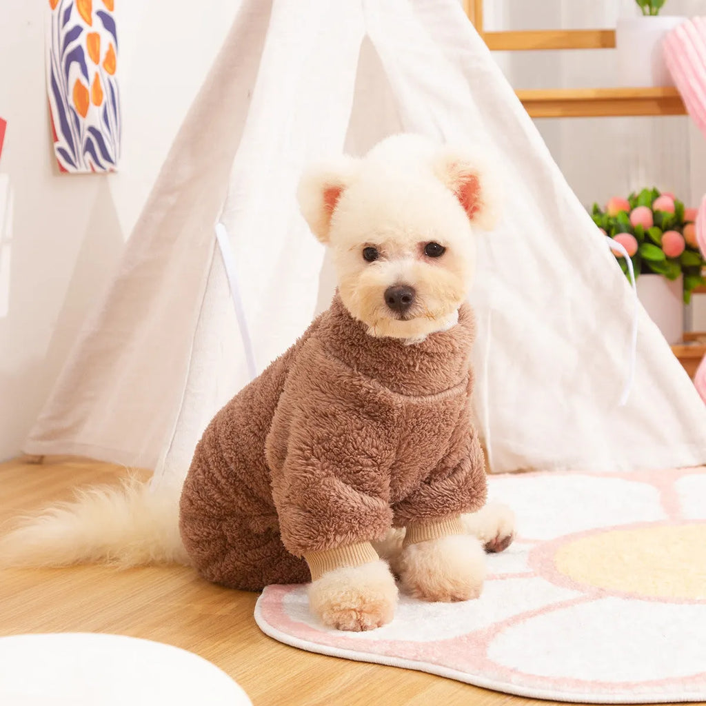 Double-sided plush dog clothing with high collar and four-legged design in blue colour