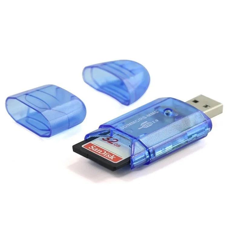 Transparent USB card reader with LED light showing SD and MS card slots