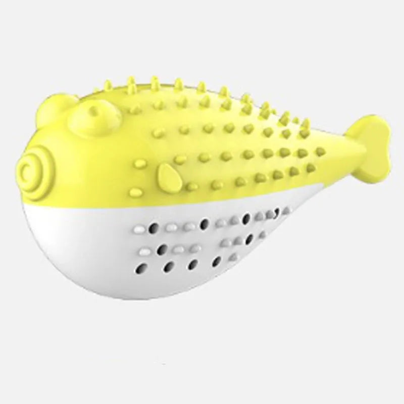 Blue silicone fish-shaped cat chew toy with a protruding grabbing handle on a white background.