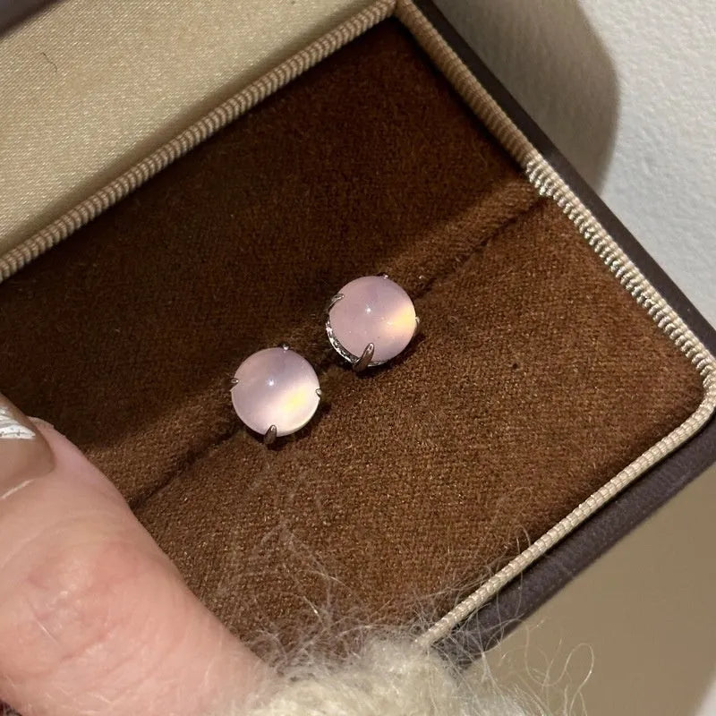 Chinese retro style chalcedony stud earrings with round egg surface design in three colours