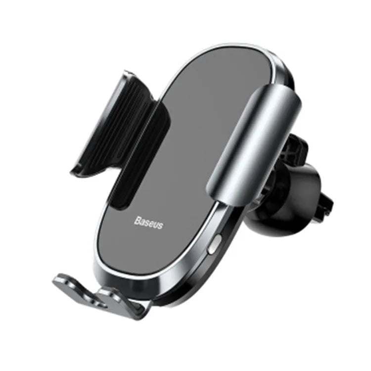 Universal smart car bracket in black mounted on a car dashboard holding a smartphone