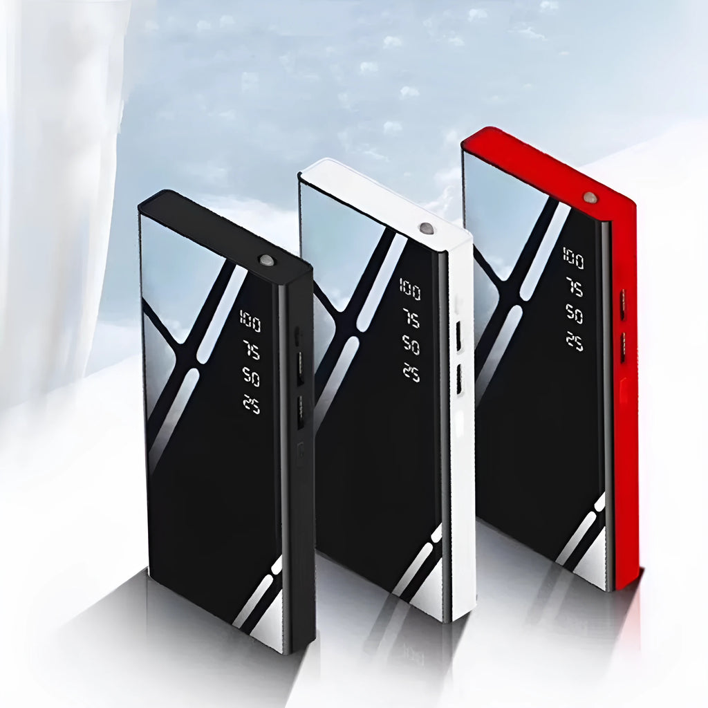 20000mAh power bank with LCD display and dual USB ports in black, red, or white