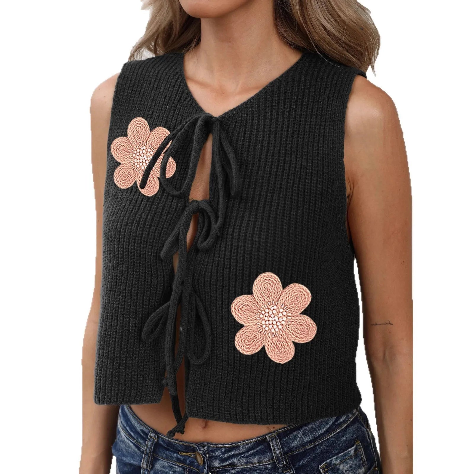 Women's lace-up cardigan vest in deer plush polyester fabric with floral pattern and adjustable straps