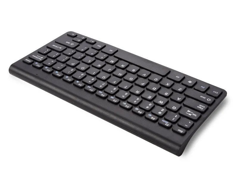 Black wireless keyboard and mouse set with 78 keys and 4 buttons on wooden desk